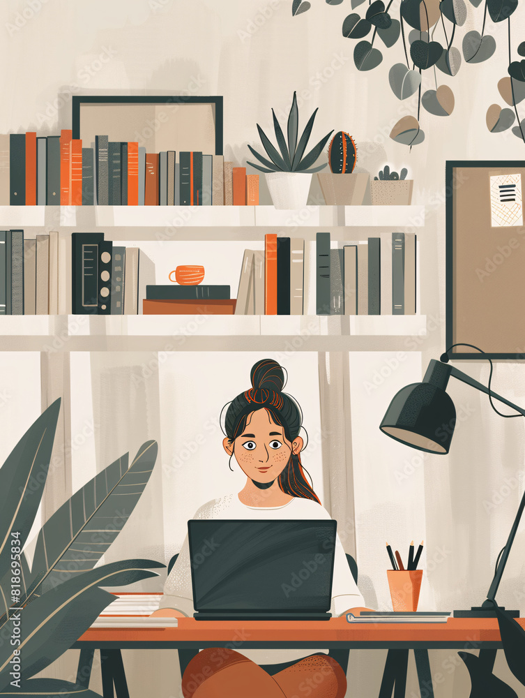 Fototapeta premium In a minimalistic home office environment, a female employee is seen conversing on a video call with colleagues, her back to the camera. Soft, cozy colors evoke a sense of comfort and tranquility,