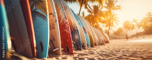 Colorful surfboards lined up on a sandy beach with palm trees and sunlight in the background. Tropical paradise setting.
