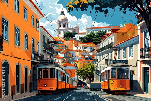 Vibrant Lisbon Cityscape Flat of Colorful Houses and Iconic Trams in the Historic Hill Districts