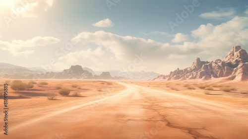 a vast desert, its path marked only by the shifting sands and distant mirages photo