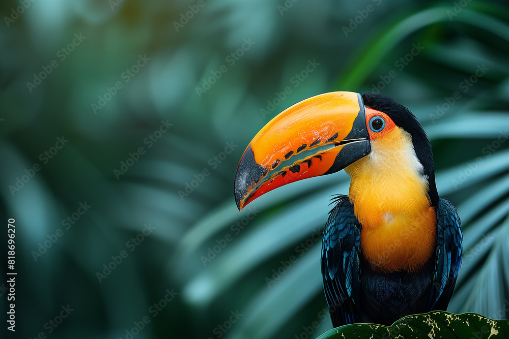 Fototapeta premium Toco Toucan with a striking orange and black beak, perched in a lush tropical setting, its vivid colors contrasting sharply against the dark green foliage background