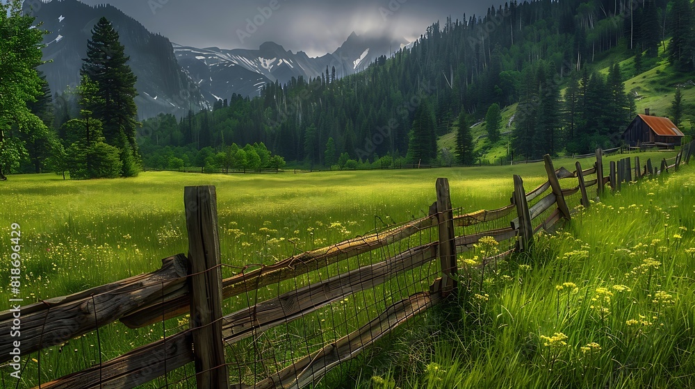 Quaint wooden fence winding through a verdant meadow, adding charm to the rural landscape.