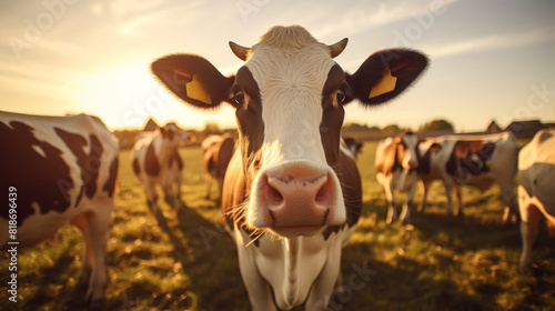 Close-up of a cow in a field with a warm sunset, surrounded by other cows, capturing a serene and pastoral farm scene. © Naphol