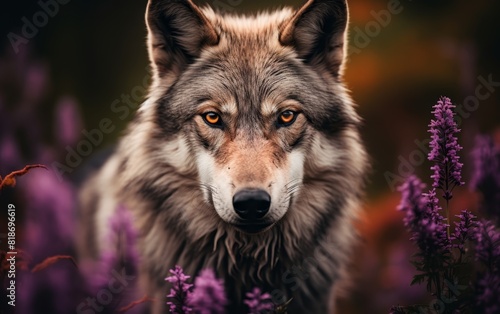 Close-up of a majestic wolf in a field of purple flowers  showcasing the beauty and wild nature of these magnificent animals.