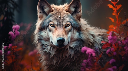 Close-up of a majestic wolf surrounded by vibrant autumn foliage. The wolf's piercing gaze makes for a stunning nature portrait. © Naphol