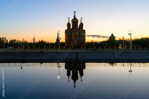 St. Nicholas Cathedral of the city of Aktobe at night. Kazakhstan