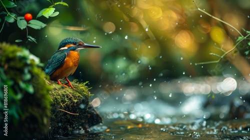 A colorful kingfisher perched near a sparkling stream, its vibrant plumage and sharp beak poised for a swift dive into the water. photo