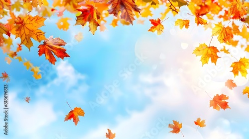 Vibrant autumn foliage against blue sky background