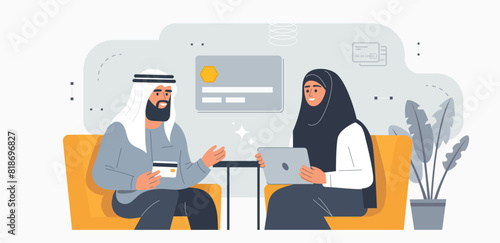 Web payment concept with character scene. Arabic muslim man and woman using online banking and credit card, shopping. People situation in flat design. Flat vector.
