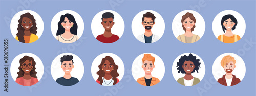 Circular avatars showcasing diverse, happy faces of young men and women. Colorful flat vector illustration for user profiles. Profile interface.