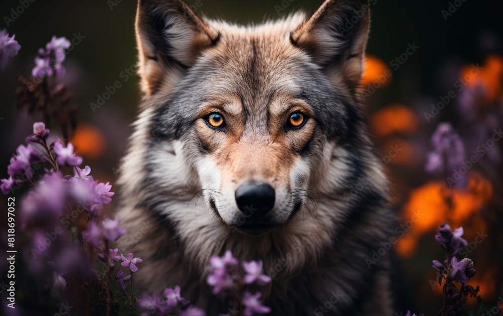 Close-up of a wolf with intense eyes, surrounded by vibrant purple and orange wildflowers, creating a captivating natural scene