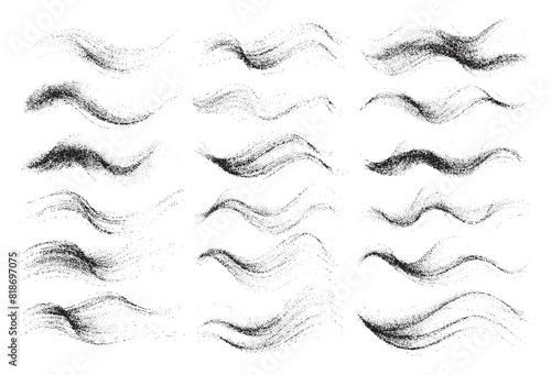 Dotwork abstract shapes, black grain texture, Abstract stipple sand effect, gradient from dots. Vector illustration Set.