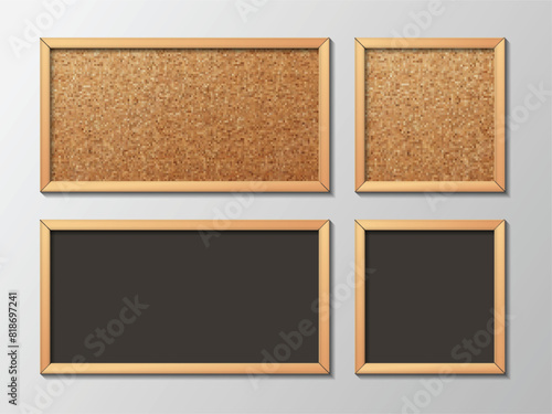 Isolated set of realistic vector cork board with wood frame and blackboard. Empty wall corkboard for school or office on transparent background.