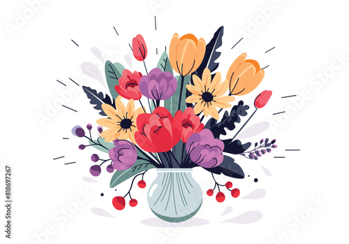 Floristic composition of beautiful garden and meadow flowers in glass vase. Elegant bouquet of wildflowers. Flat vector cartoon illustration isolated on white