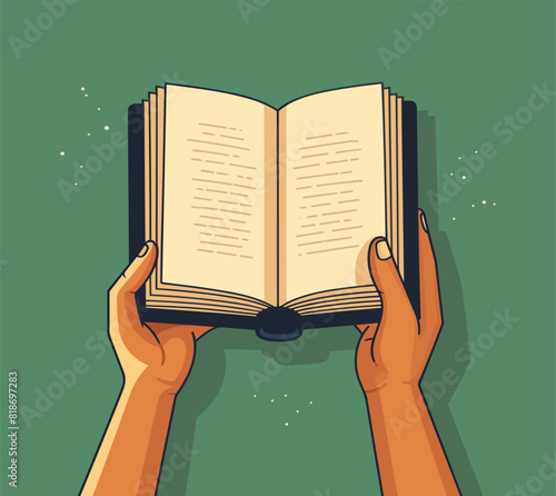 Character Human hands holds open book. Student with textbook. Read books lover. Education, literacy day. Back to school. Bookstore, library flat vector illustration