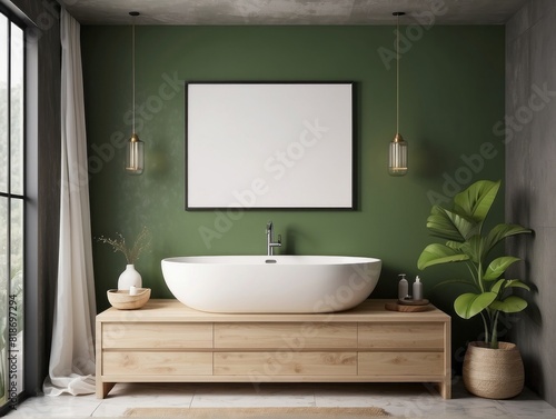 blank poster frame  rustic villa bathroom interior background  Citron Green wall background