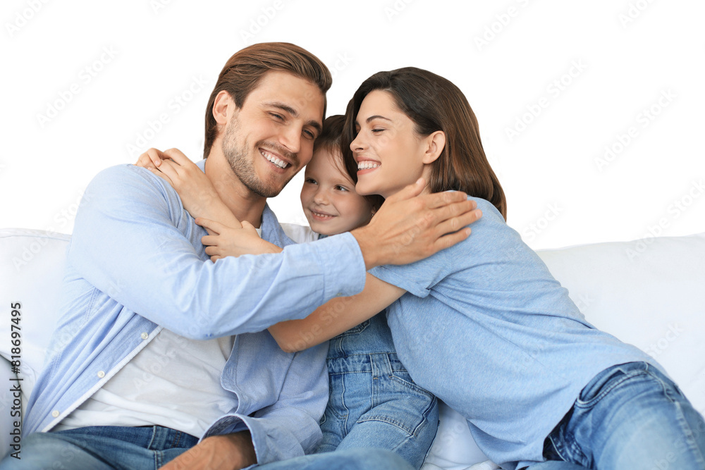 Positive friendly young parents with smiling little daughter sitting on sofa together while relaxing on a transparent background Positive friendly young parents with smiling little daughter sitting on sofa together while relaxing on a transparent background