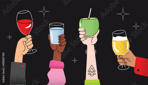 Celebration hands hold various drinks. Wineglass, water, coconut and beer. Multiethnic diversity. Hand drawn Vector illustration. Isolated design templates.