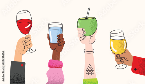 Celebration hands hold various drinks. Wineglass, water, coconut and beer. Multiethnic diversity. Hand drawn Vector illustration. Isolated design templates.