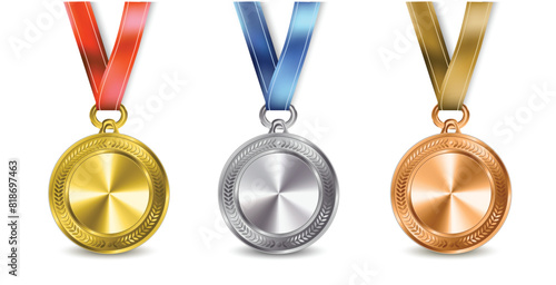 Gold silver and bronze medals with ribbon set vector illustration set. Realistic isolated trophy and medal collection with metal reward badges.