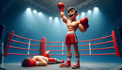 3D Illustration: Cartoon Boxing Champion Celebrating Victory, Free 3D Image: Knockout Punch! Cartoon Boxer Wins Championship Fight