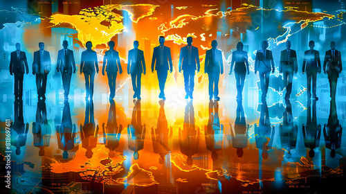 Silhouettes of businesspeople superimposed on an abstract world map, symbolizing international connections