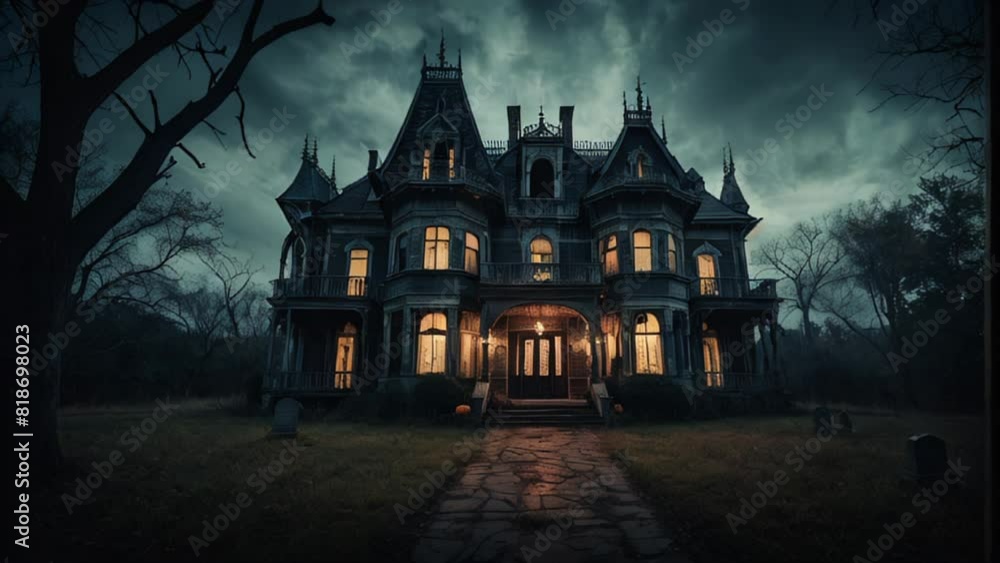 A spooky Halloween-themed manor with glowing orange windows, set against a dark and stormy sky. The eerie atmosphere and gothic architecture make it perfect for a haunted night. A spooky Halloween-themed manor with glowing orange windows, set against a dark and stormy sky. The eerie atmosphere and gothic architecture make it perfect for a haunted night.
