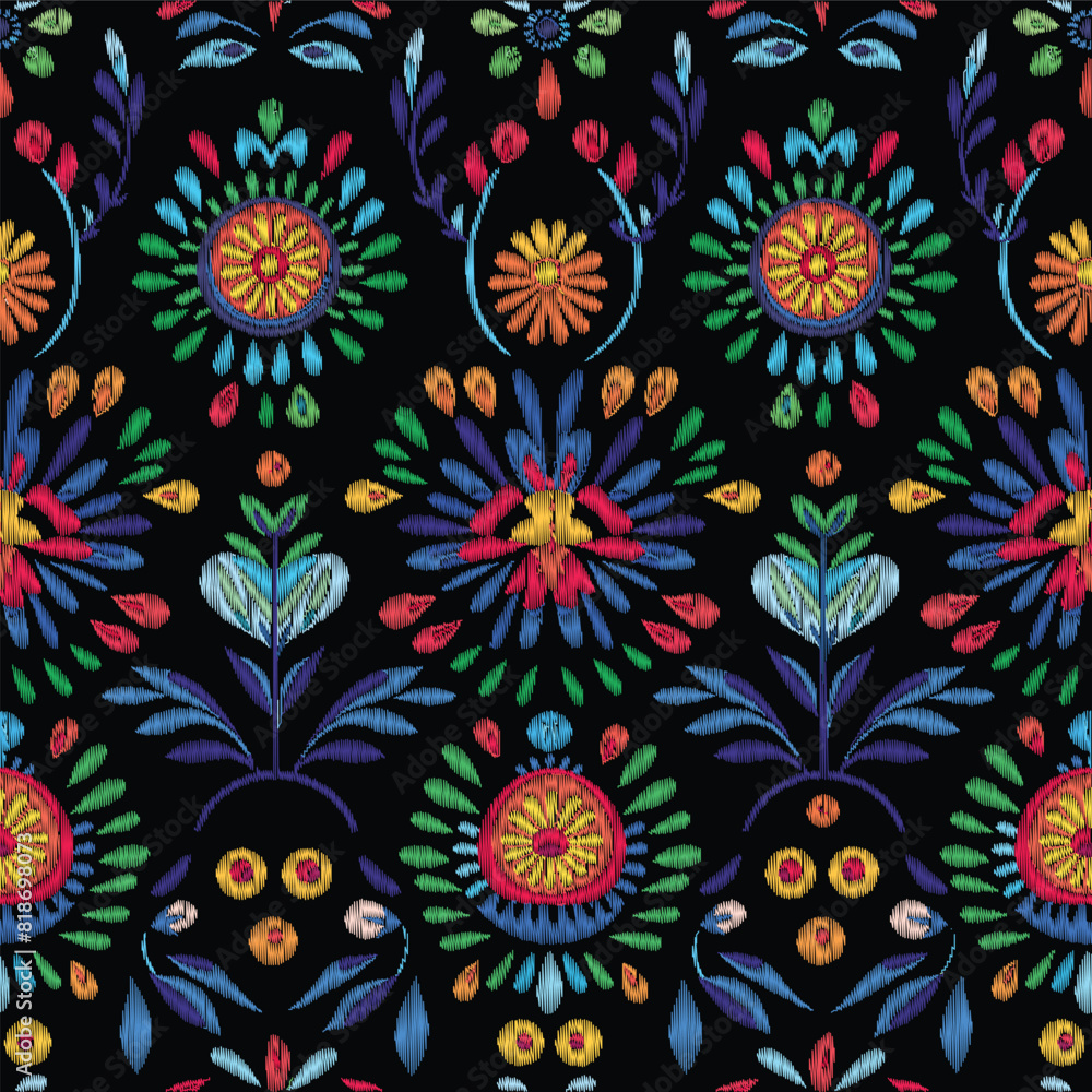 Seamless Mexican flower traditional pattern. Mexican ethnic embroidery decoration ornament. Flower symmetry texture. Ornate folk graphic, wallpaper. Festive mexican floral motif. Vector illustration.
