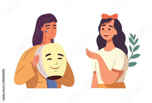 Unhappy person hiding real upset emotion Sad woman pretending happy, everything is okay. Feeling, disguised fake smiling mask. Flat graphic vector illustration isolated on white background.
