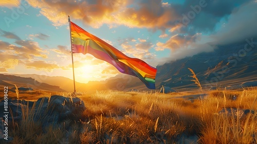 Majestic LGBTQ Pride Flag Billowing in the Wind A Powerful Symbol of Diversity and in a Peaceful Mountain Vista photo