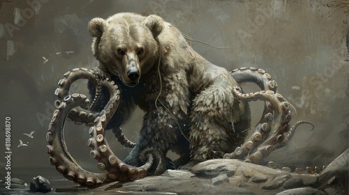 A unique creature, a bear with octopus tentacles for climbing and grasping. photo