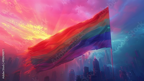 Triumphant LGBTQ Flag Unfurling Against a Futuristic s Punk Cityscape in a Digital Painting photo
