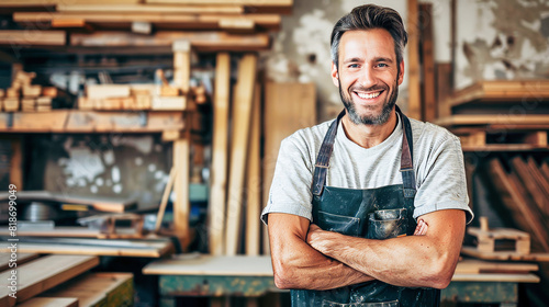 A portrait of smiling male carpenter standing in front of his woodwork workshop