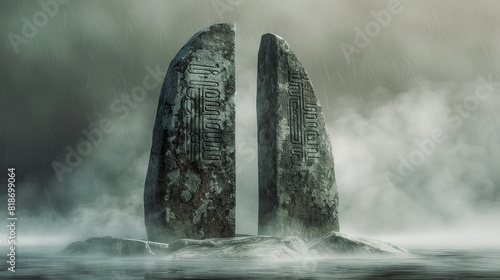An ancient stone circle standing silent amidst a sea of mist, runes etched into its weathered surface. photo