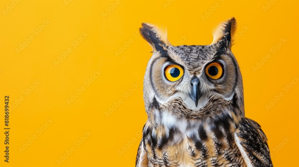 Owl with a shocked expression on a vivid yellow backdrop. Owl with a shocked expression on a vivid yellow backdrop.
