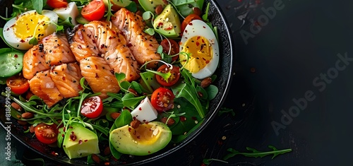 The concept of a ketogenic low-carb diet. Healthy eating and dieting with salmon, avocado, eggs and nuts. View from above High quality photo