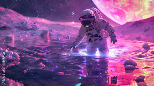 An astronaut walking through a luminescent colorful organic liquid on an alien planet