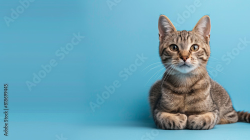 A gray and white striped cat poses on a blue backdrop. © Crazy Juke