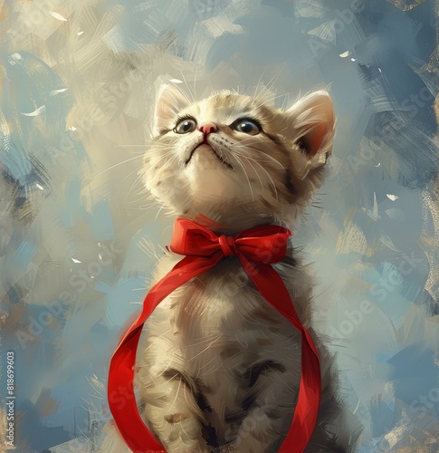 Adorable kawaii cat with a glossy red ribbon, violet and amber hues, inspired by Khmer and Chung Shek art. photo