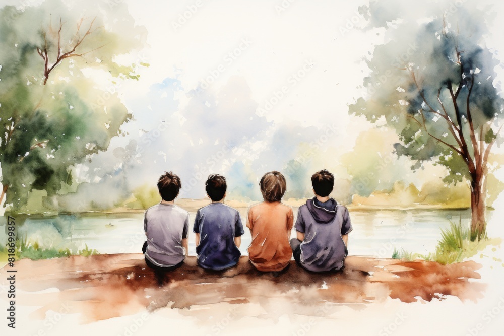 Water colour style painting of four friends sitting by the side a river