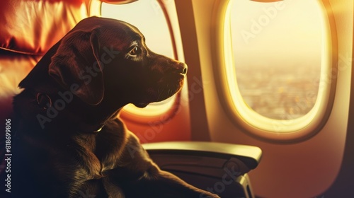 Explore the skies with your furry friend Dog enjoys the view from a plane window. photo