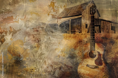Country: Rolling hills and rustic textures, evoking the heartland spirit, with abstract representations of guitars, barns, and cowboy boot