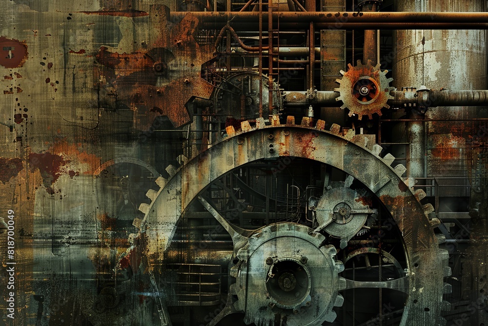 Industrial music: Stark, mechanical shapes and muted, gritty colors illustrating the raw and rhythmic energy, with abstract gears and factories Industrial music: Stark, mechanical shapes and muted, gritty colors illustrating the raw and rhythmic energy, with abstract gears and factories