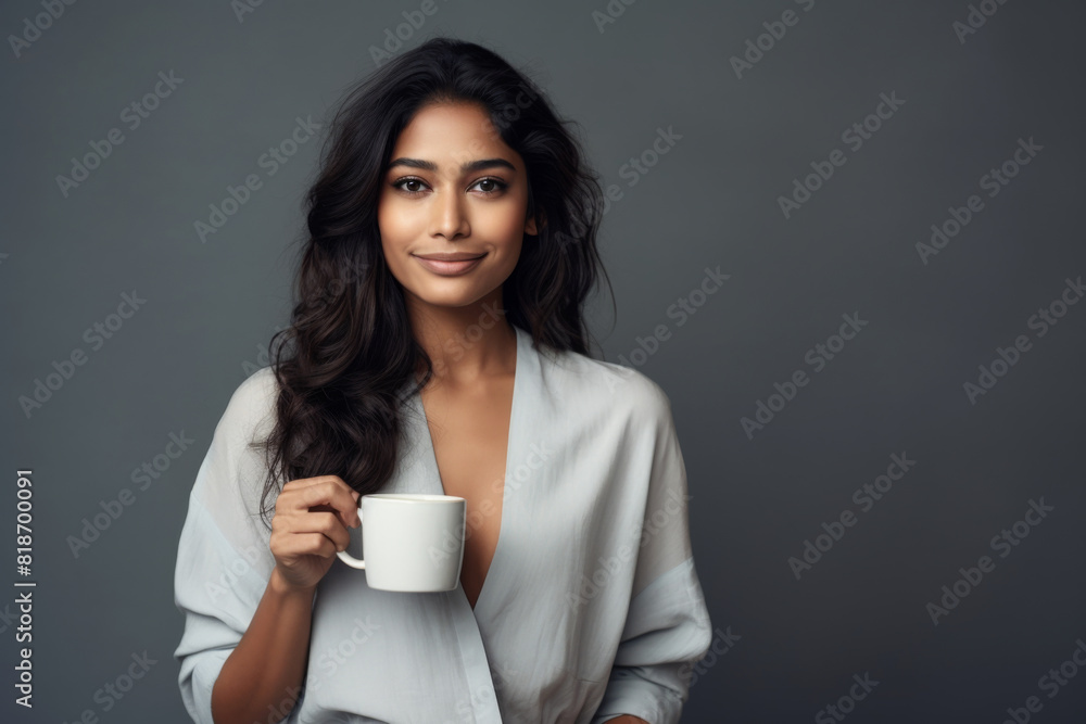 Smiling young modern female of Indian ethnicity casually holding a cup in her hand Smiling young modern female of Indian ethnicity casually holding a cup in her hand