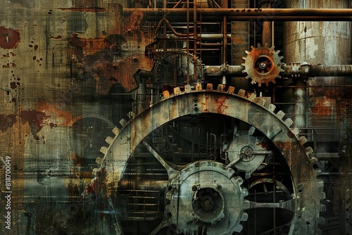 Industrial music: Stark, mechanical shapes and muted, gritty colors illustrating the raw and rhythmic energy, with abstract gears and factories