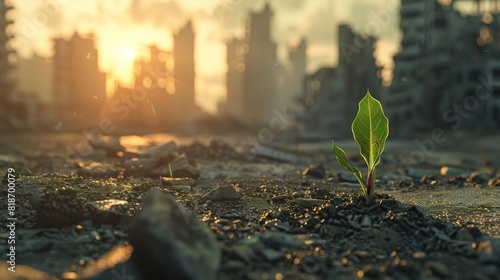 A single plant grows in the middle of a destroyed city. The sun is setting over the ruins. The plant is a symbol of hope and new life. photo