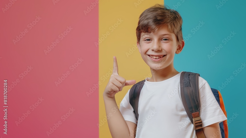 portrait of a boy on a yellow blank backgroud pointing his finger up in the air at something portrait of a boy on a yellow blank backgroud pointing his finger up in the air at something