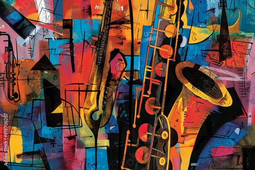 Fototapeta Naklejka Na Ścianę i Meble -  A surreal blend of shapes and vibrant hues representing the eclectic and improvisational nature of avant-garde jazz, with hints of abstract saxophones and cityscapes