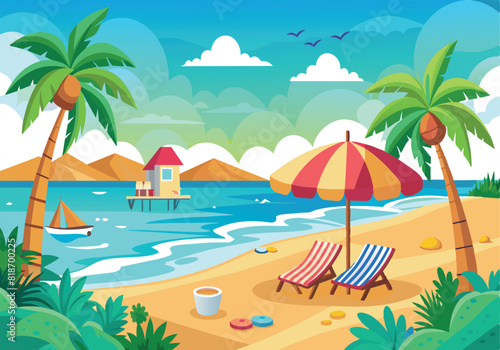 A beach scene with a red and yellow umbrella and two lounge chairs