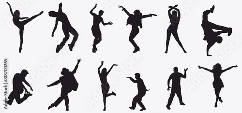 Set of dancing people silhouette. Crowd of young people dancer. 